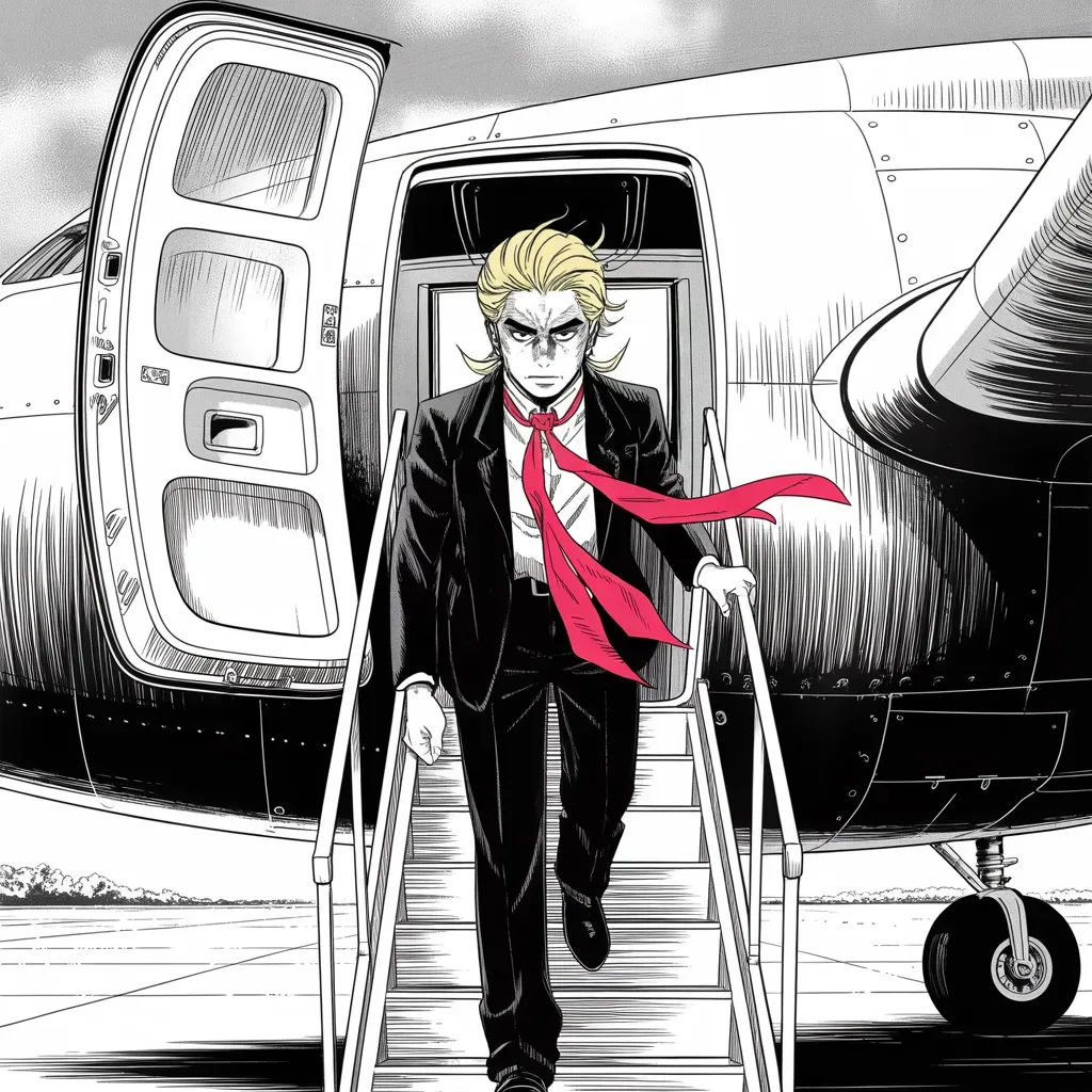 Manga panel 3 of 5, Week 330 “Just Landed in Iowa”: The ninth. He lands in Iowa and the office publishes eleven words about the weather and the crowd.