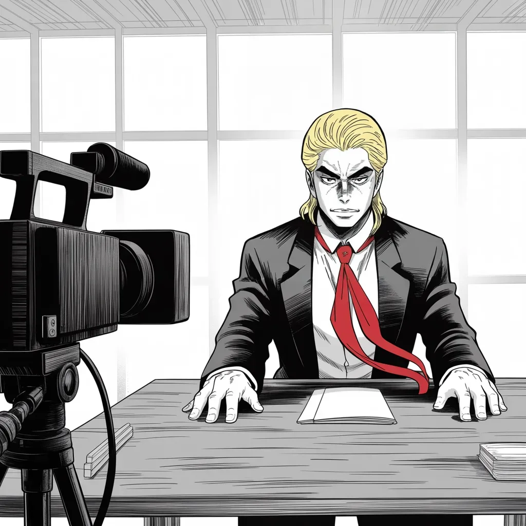 Manga panel 4 of 5, Week 331 “The Deposition”: The eighteenth of October. He sits for hours and answers questions under oath about a scuffle outside his own tower in 2015.