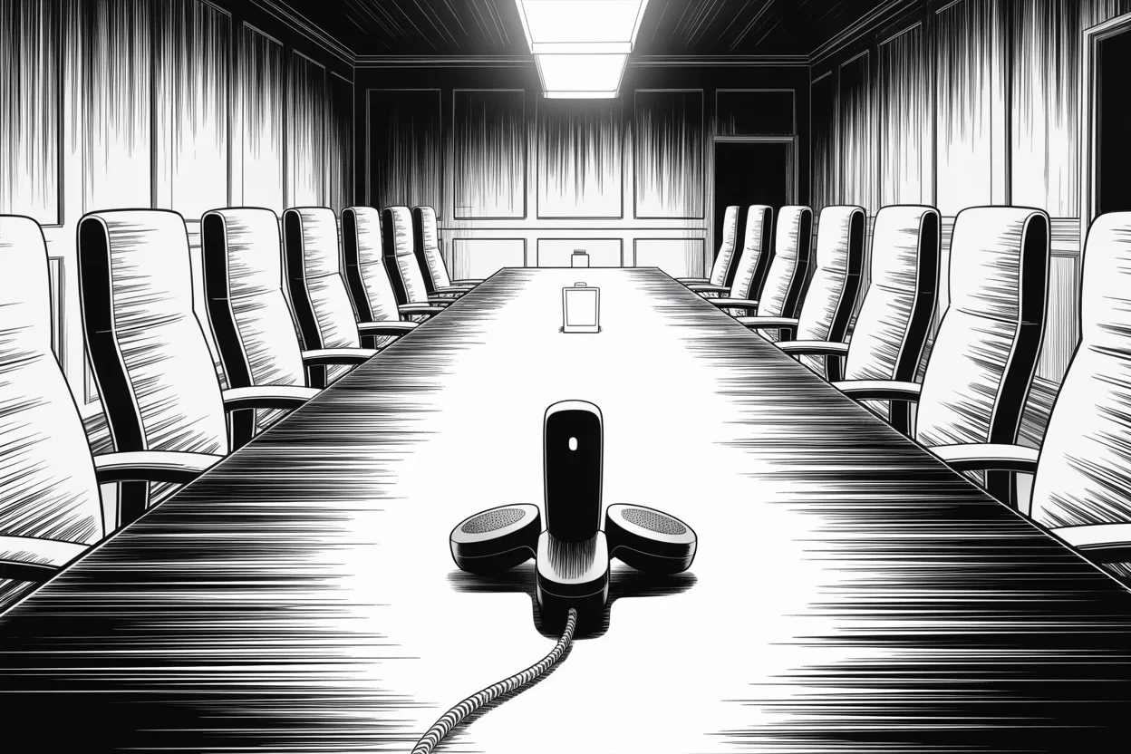 Manga panel 2 of 4, Week 332 “Not a Word About It”: On the twentieth a company is announced that will give him a platform of his own again. The office publishes nothing about it.