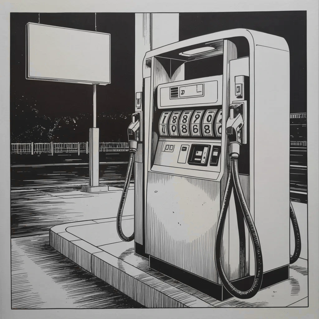 Manga panel 4 of 5, Week 333 “2 Down, 8 to Go”: The twenty-seventh. Petrol at seven fifty-nine in parts of California, and two words about it.