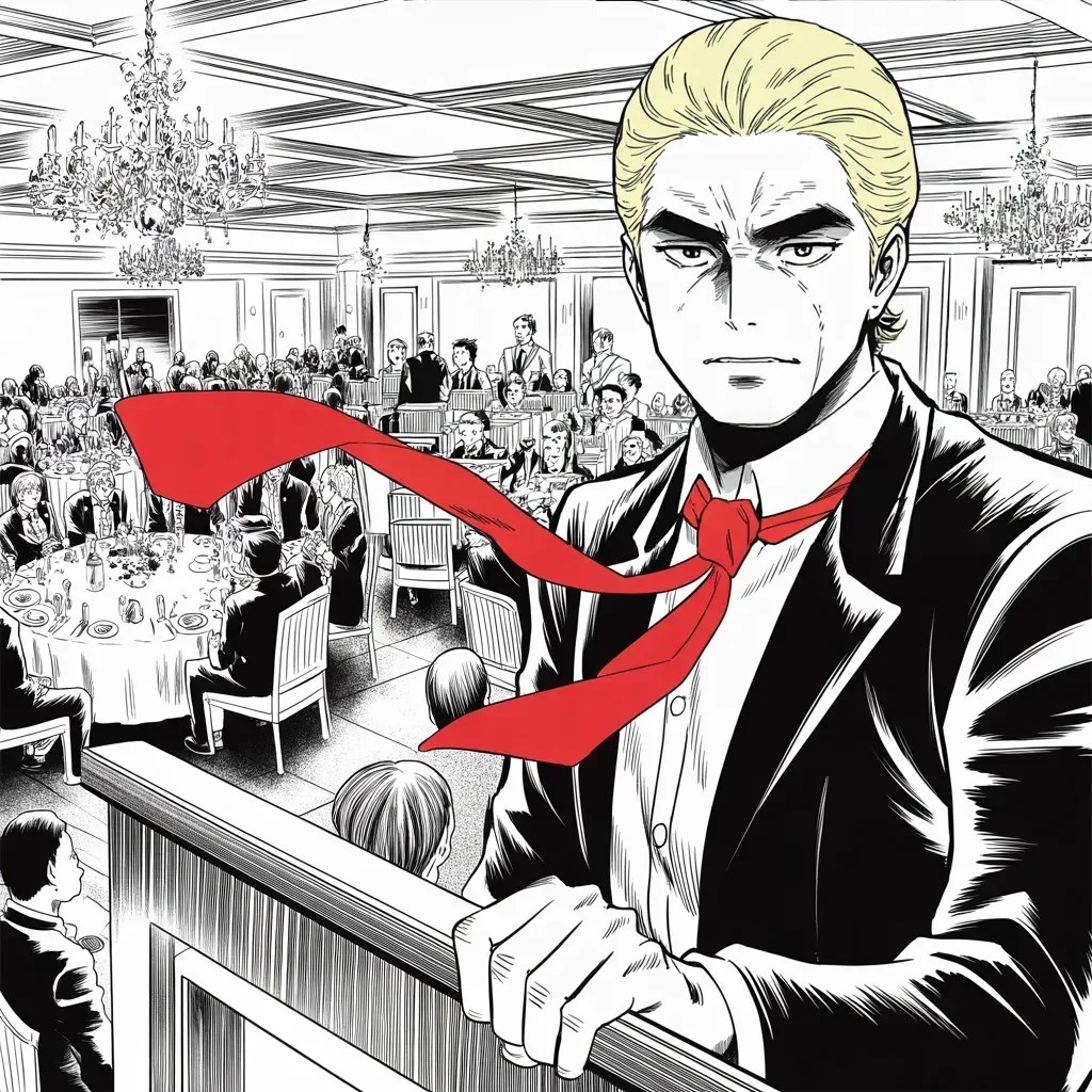 Manga panel 2 of 5, Week 335 “Challenge Accepted”: The tenth, a party dinner in Tampa. One year from today, he tells the room, a red wave.