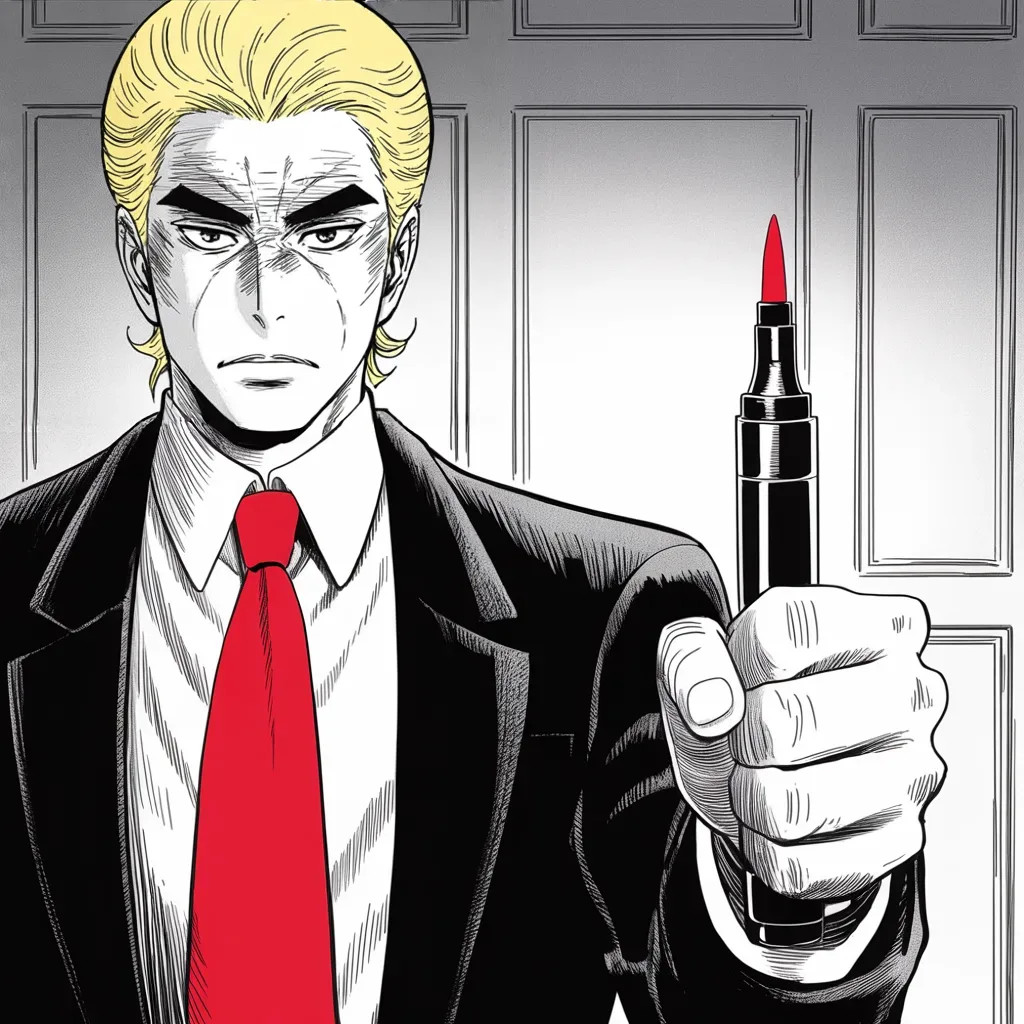 Manga panel 3 of 5, Week 335 “Challenge Accepted”: The thirteenth. He advertises an opening for candidates to run against ten men of his own party, and marks three of them accepted.