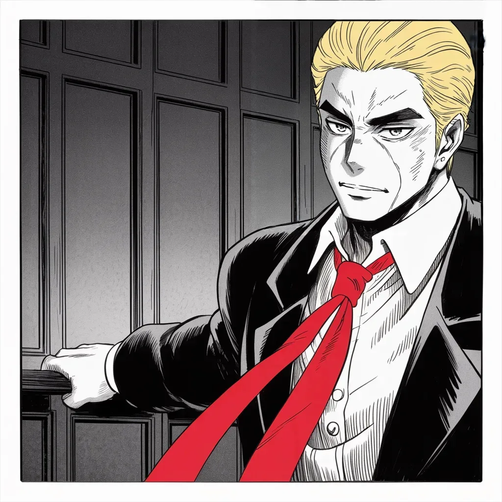 Manga panel 2 of 5, Week 337 “Everything In Her Power”: The twenty-sixth. A state senator who crossed him is out of his race, and the office says so in one word: done.
