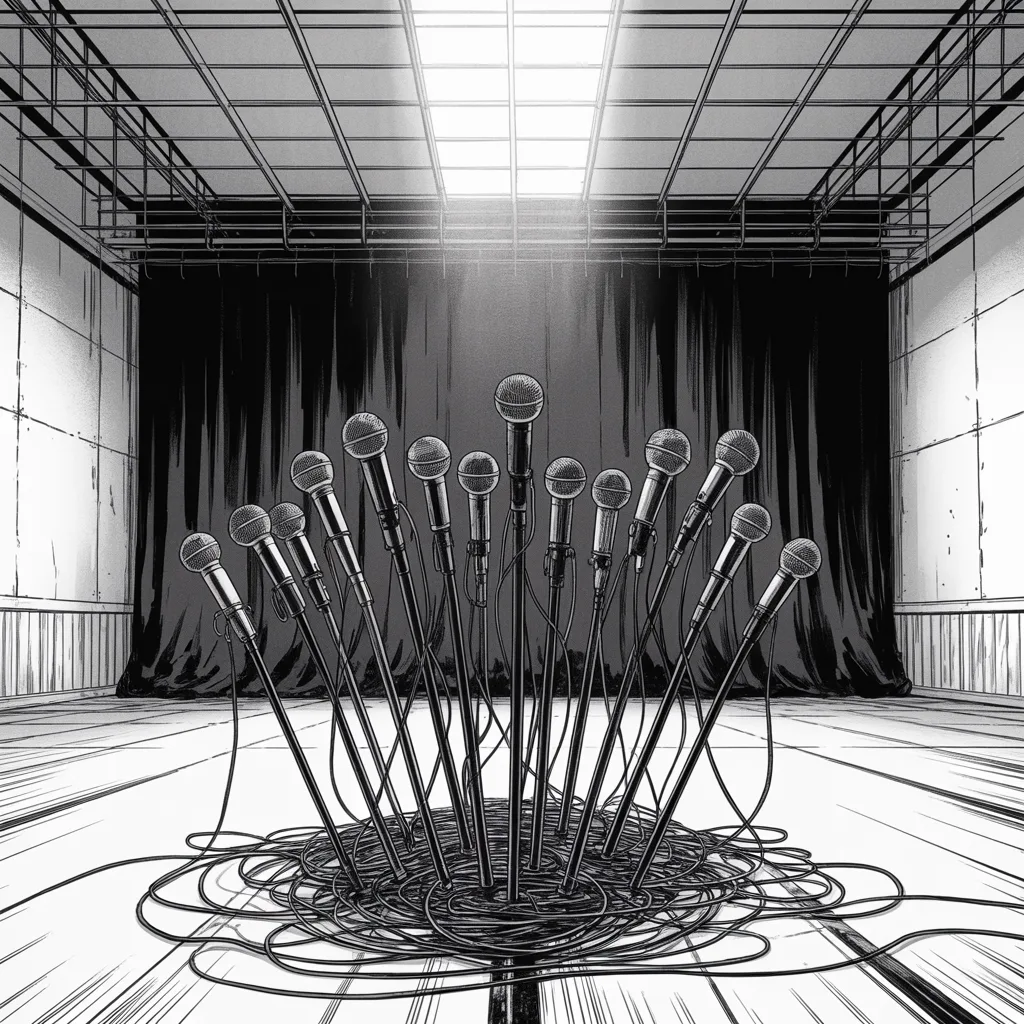 Manga panel 3 of 5, Week 338 “Very Stupid, Or Very Corrupt”: The stage is set, the microphones are live, and no opponent arrives to use them.