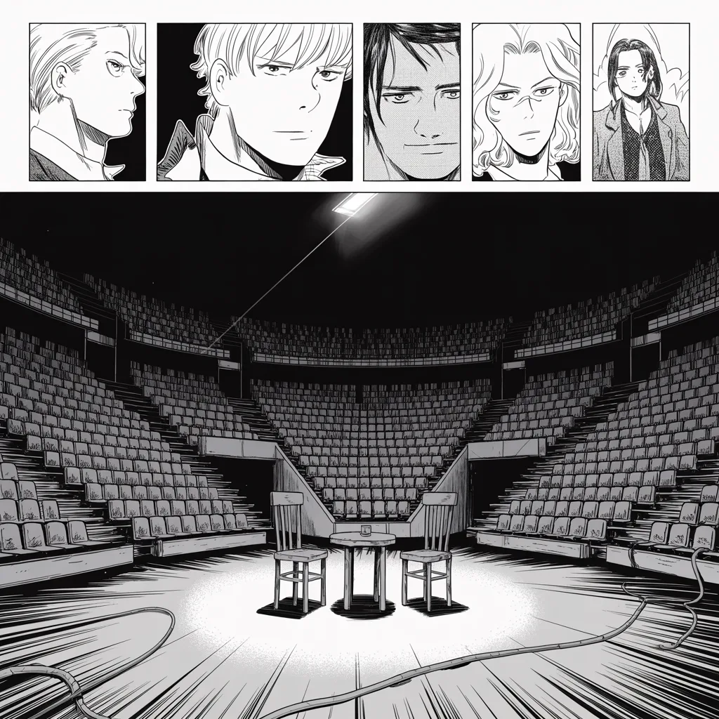 Manga panel 2 of 5, Week 339 “The Broken Old Crow”: The arena fills every night of the tour. It is the one room in the country he can still command, and he does not own it.