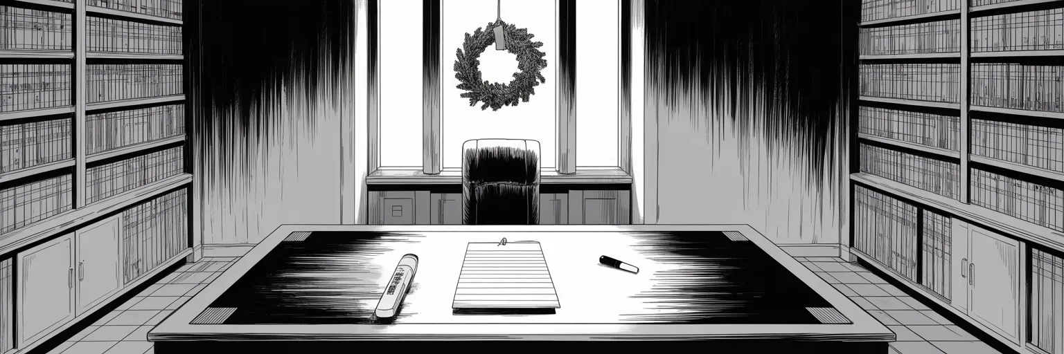 Manga panel 3 of 3, Week 341 “Merry Christmas To All”: Christmas Day. One line goes out, six words long, and the office is dark behind it.