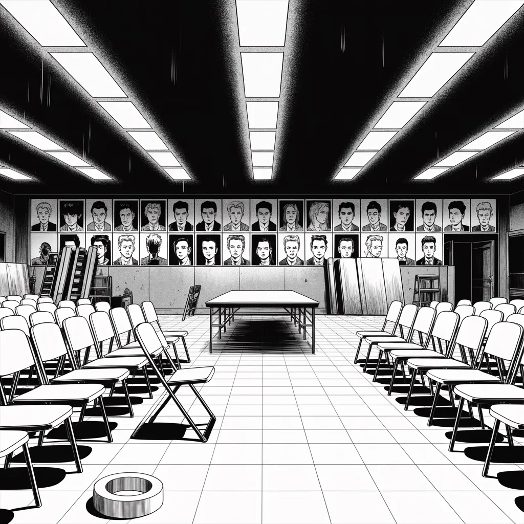 Manga panel 3 of 5, Week 342 “One Year In”: The last days of the year set a record for infections, and the halls built for the fight against it are empty at night.