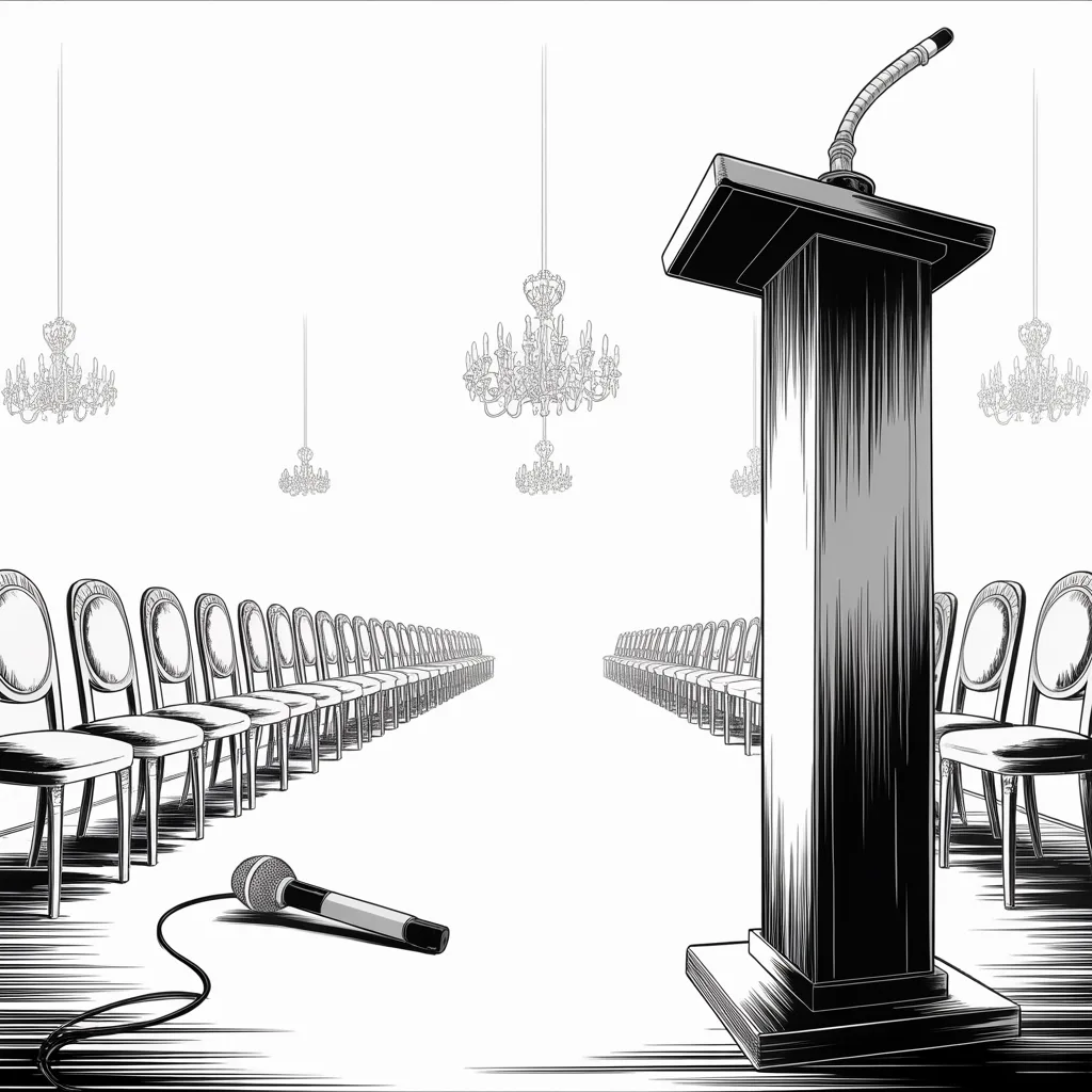 Manga panel 2 of 5, Week 343 “I Am Canceling”: The room was set for five o'clock on the sixth. The chairs stay in their rows and nobody comes to sit in them.