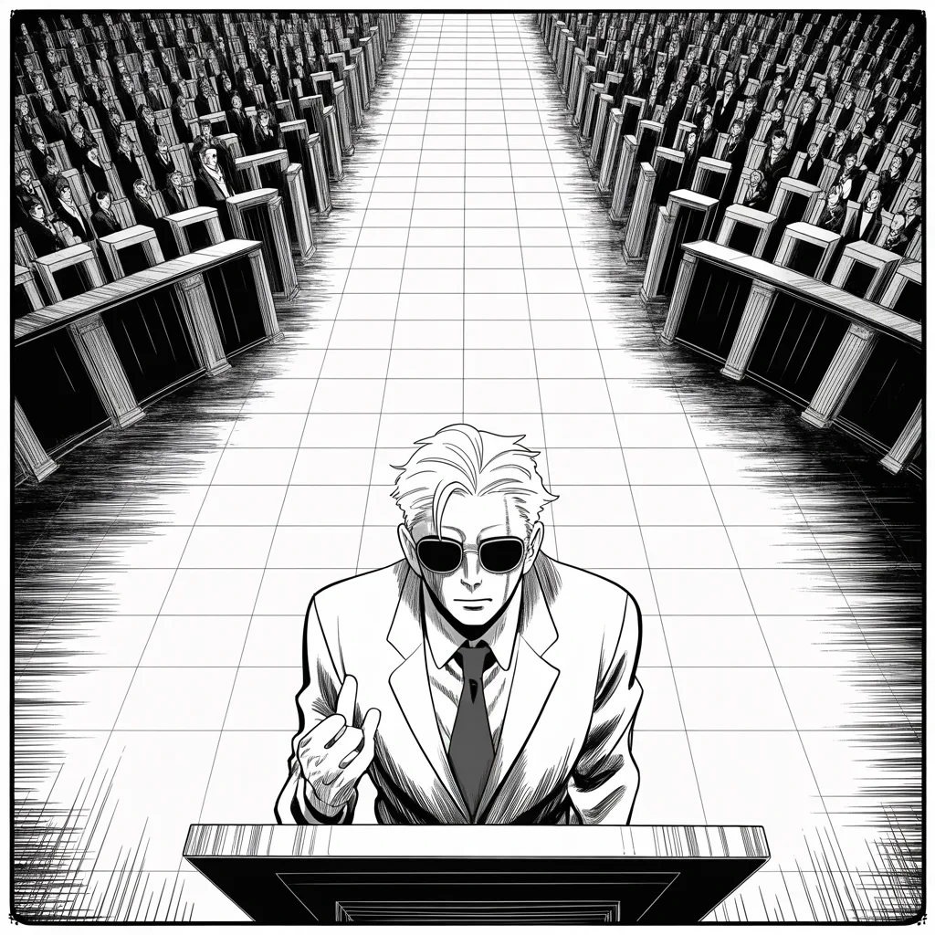 Manga panel 3 of 5, Week 343 “I Am Canceling”: The sixth of January. The man who took the office marks the anniversary from the building itself, and uses his rival's name to do it.