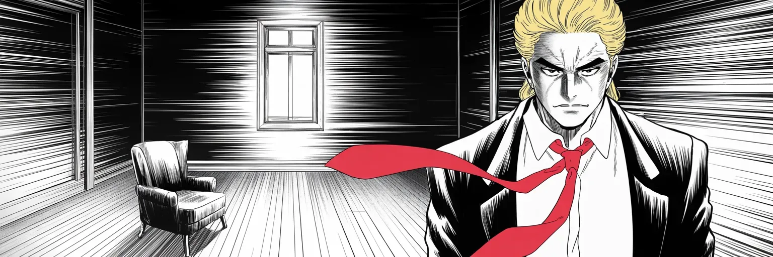 Manga panel 5 of 5, Week 343 “I Am Canceling”: One year to the week since the account went dark. The anniversary of the day is marked everywhere, and he marks it on paper, alone, in a room with no press in it.