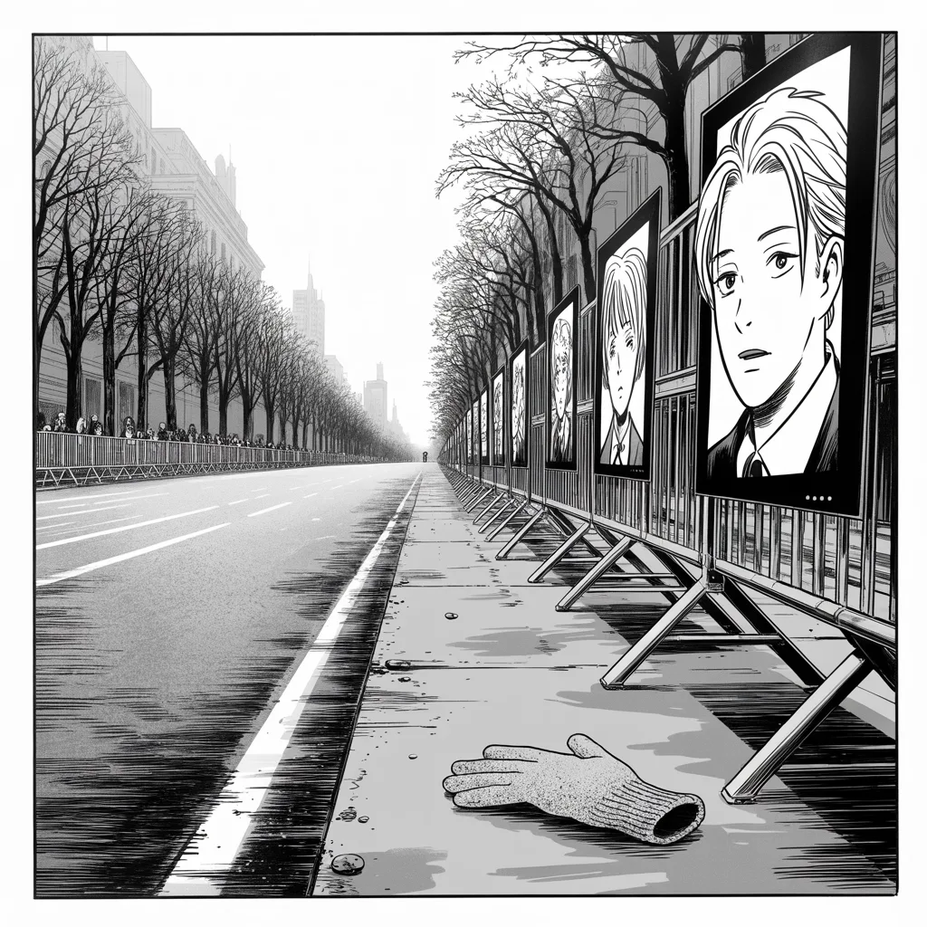 Manga panel 2 of 5, Week 345 “We All Loved Him”: The twenty-first. A march he is not at, attended in spirit, in a sentence, from a thousand miles away.