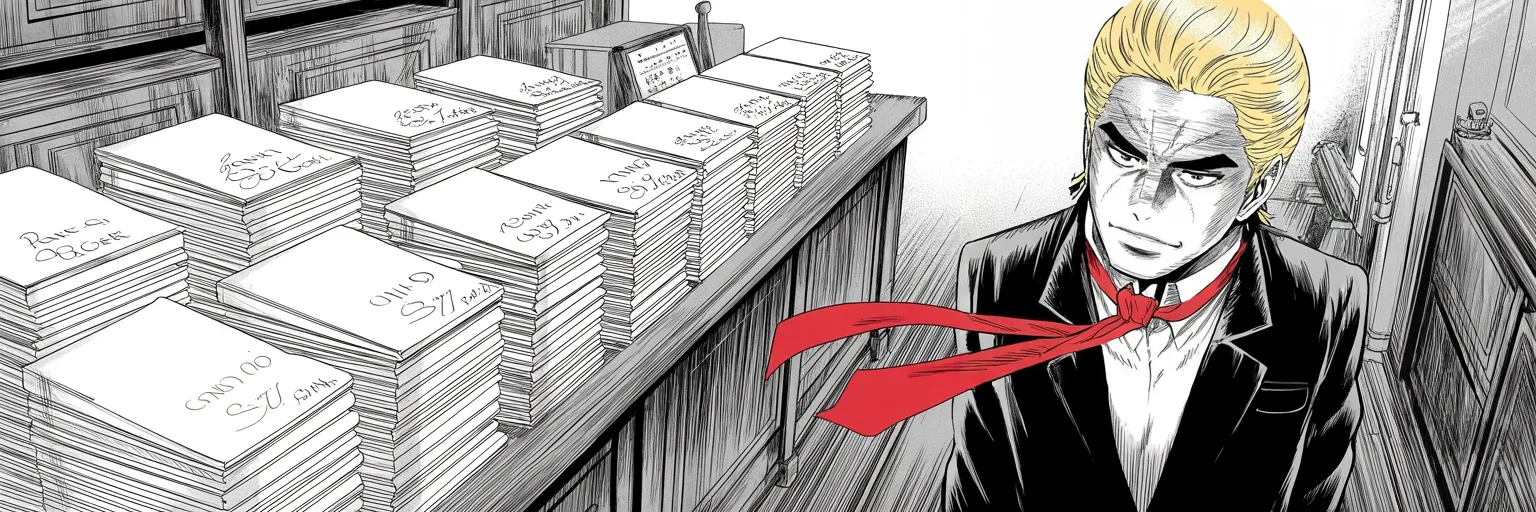 Manga panel 5 of 5, Week 345 “We All Loved Him”: The end of the long winter. Eight weeks, hundreds of statements, four deep racks of signed paper, and nothing on the board has moved.