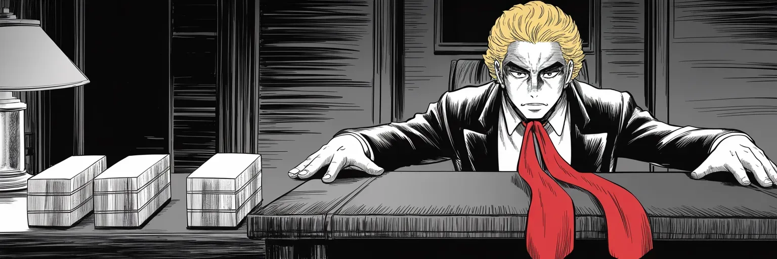 Manga panel 1 of 5, Week 346 “Cash On Hand”: The last day of January. The committees report a hundred and twenty-two million dollars on hand, and there is still nowhere of his own to spend it.