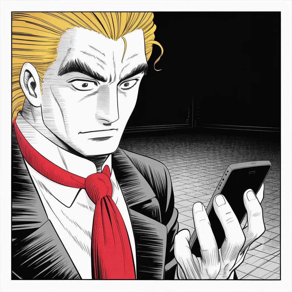 Manga panel 4 of 5, Week 349 “Ordinary and Routine”: A network with his name on it is due in the app stores within the week. He holds the dark phone like an unfamiliar tool.
