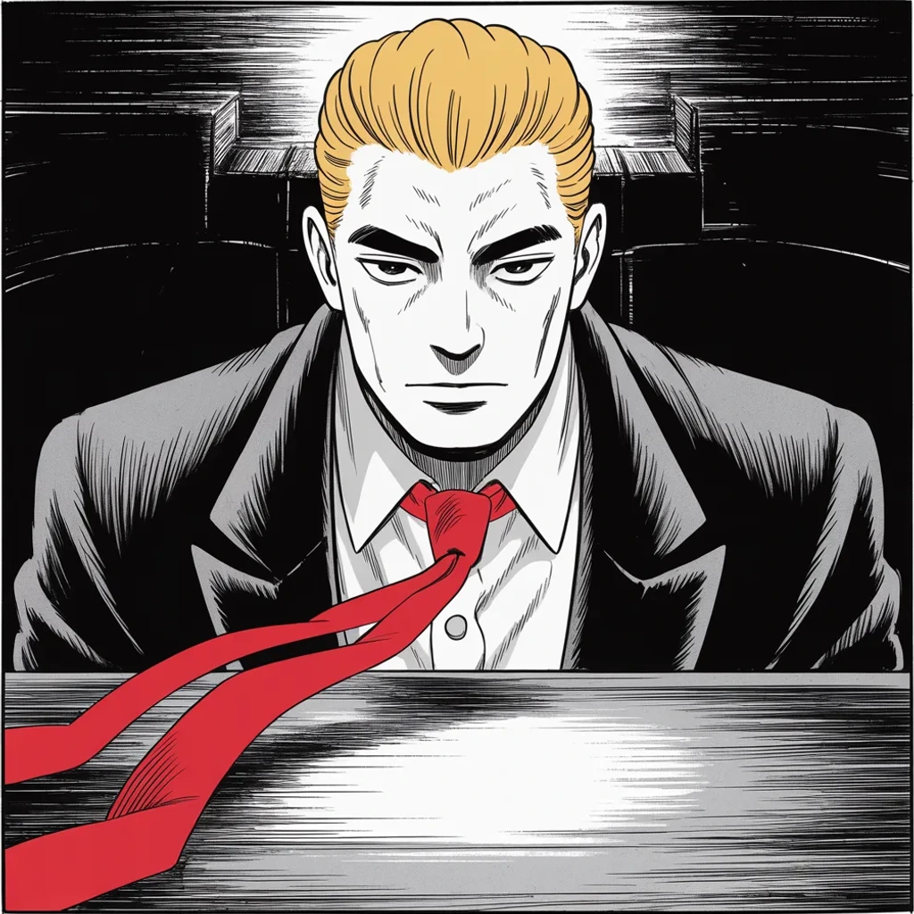 Manga panel 3 of 5, Week 350 “The Last Scroll”: He watches the war arrive on television and issues his verdict on it the same day, on paper.