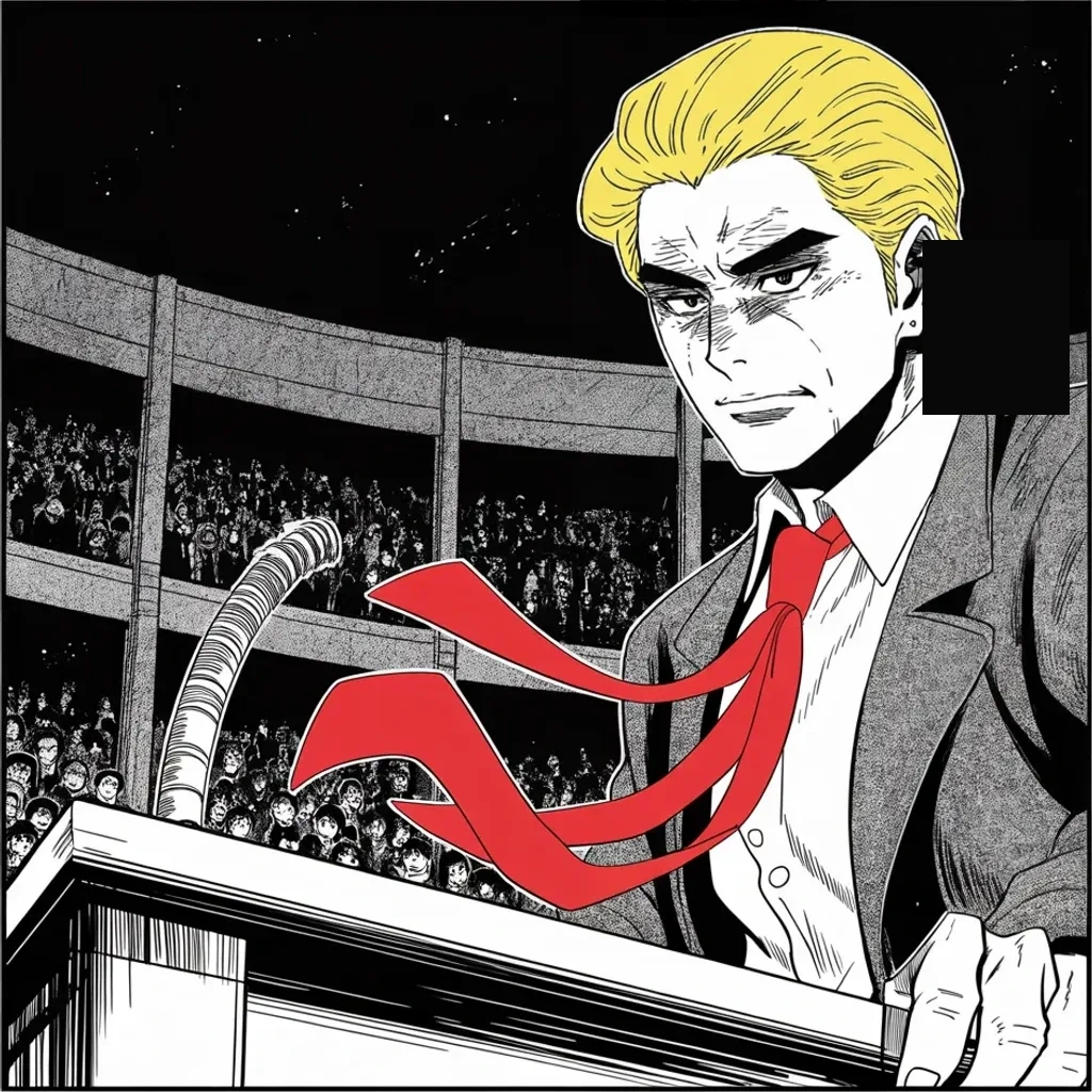 Manga panel 4 of 5, Week 350 “The Last Scroll”: At the winter conference in Florida the hall is full and the speech runs long. The paper court still has a stage; it does not yet have a working network.