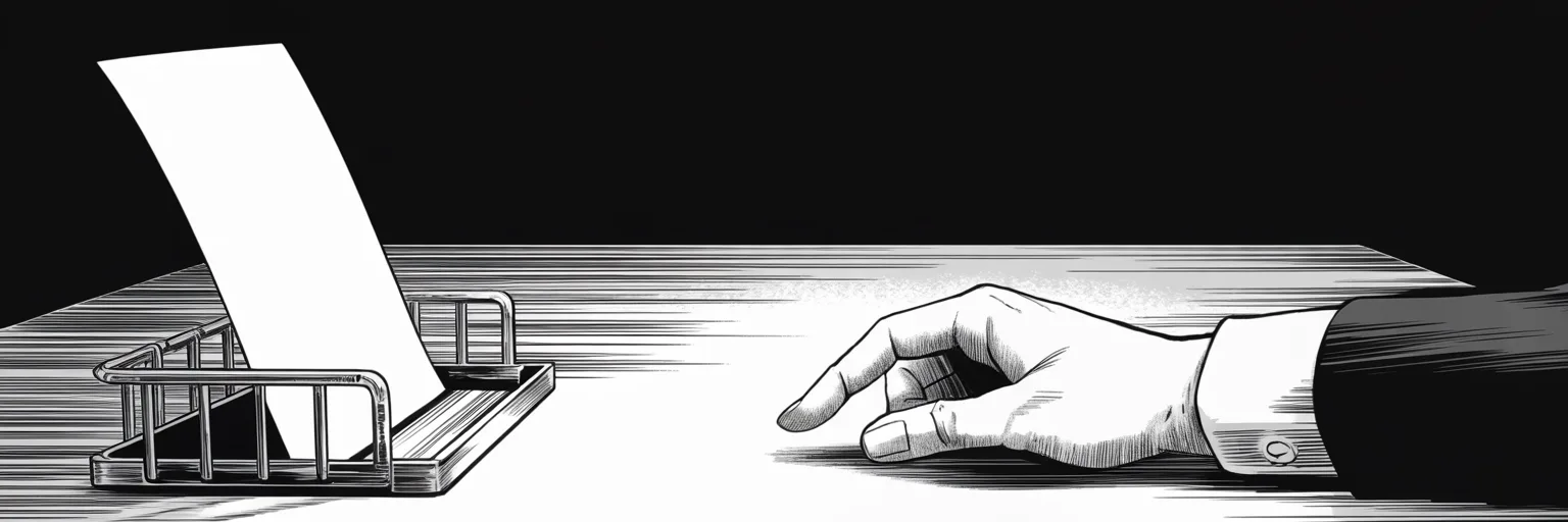 Manga panel 5 of 5, Week 350 “The Last Scroll”: The twenty-eighth of February. A statement about the alliance, the dues, the tank-busters — and then the paper simply stops. It is the last sheet the court will ever issue.