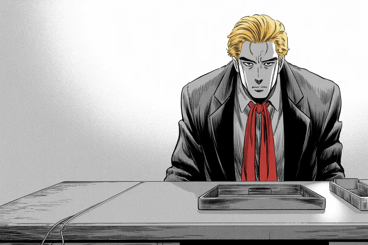 Manga panel 3 of 4, Week 351 “The Waiting List”: The paper has stopped and the new door has not opened. For the first week since the escalator there is no way to say anything.