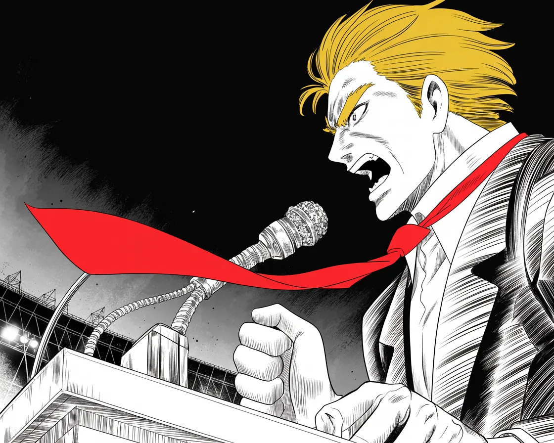 Manga panel 2 of 4, Week 352 “Florence”: He speaks for ninety minutes: the border, the prices, the stolen election, the weak men who replaced him. The network that carries his name carries none of it.