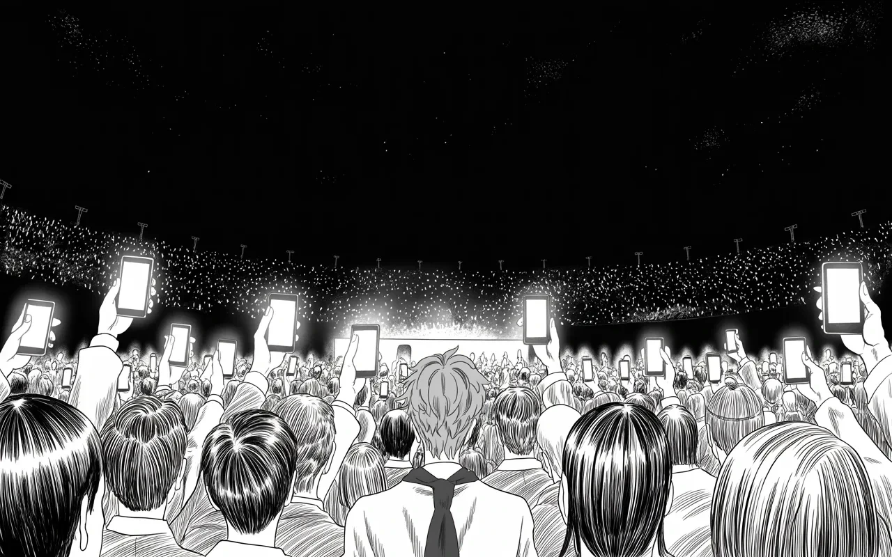 Manga panel 3 of 4, Week 352 “Florence”: Ten thousand raised phones carry the speech out of the fairground for him, to every network except his own.