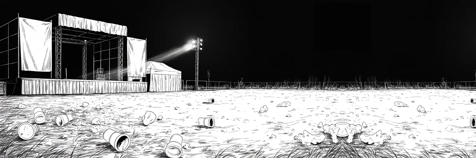 Manga panel 4 of 4, Week 352 “Florence”: By morning the field is empty. The voice still works; it is only the megaphone that is broken.