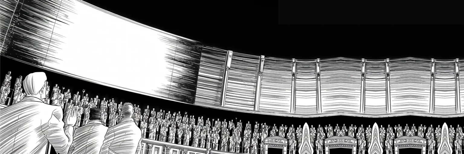 Manga panel 2 of 3, Week 353 “The Other War”: On the sixteenth, another president — at war, in a city under fire — speaks to the chamber from a phone camera, and the chamber stands.