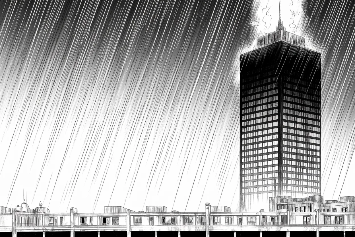 Manga panel 2 of 4, Week 355 “The Resignations”: The venture that carries his name has lost half its height on the market since winter, and the tower goes dark floor by floor.