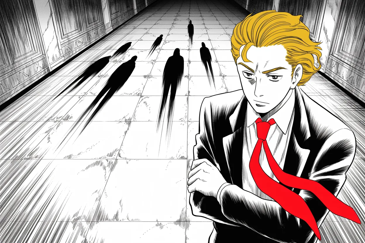 Manga panel 3 of 4, Week 355 “The Resignations”: Inside the palace the question goes around quietly: who broke the machine, and how long before its owner asks.