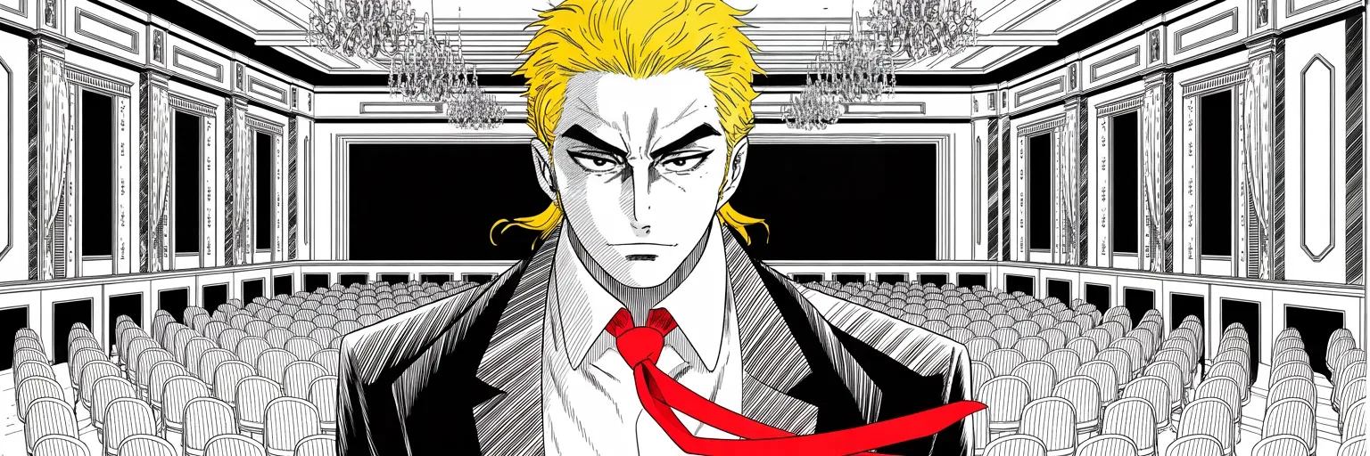 Manga panel 3 of 3, Week 356 “The Empty Seat”: Seven weeks without a word in print, on paper or online — the longest public silence of his life, measured out in empty gilt chairs.