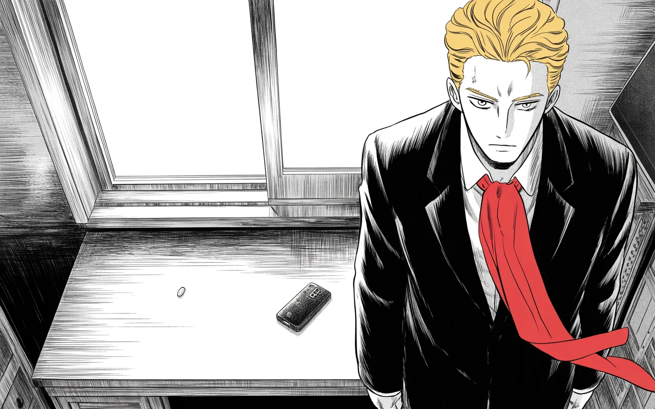 Manga panel 3 of 4, Week 357 “The Offer”: His answer is already made, and everyone around him knows it: whatever happens to the bird, he is staying with his own name.
