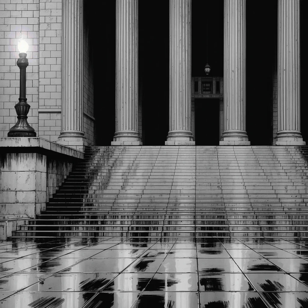Manga panel 3 of 5, Week 358 “Never Going Back”: The same afternoon, in New York, a judge holds him in contempt of court over the subpoenaed papers: ten thousand dollars for every day of silence.