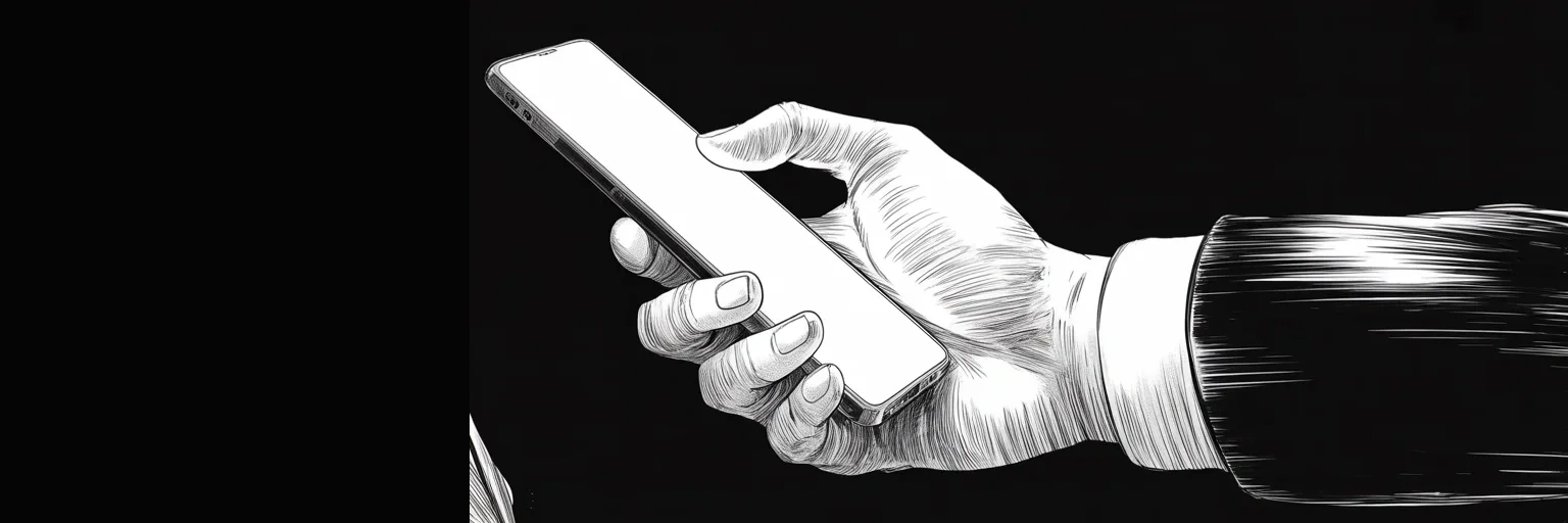 Manga panel 5 of 5, Week 358 “Never Going Back”: Late in the last week of the silence, the screen comes on. The thumb hovers. Ten weeks since the network opened with one post on it.