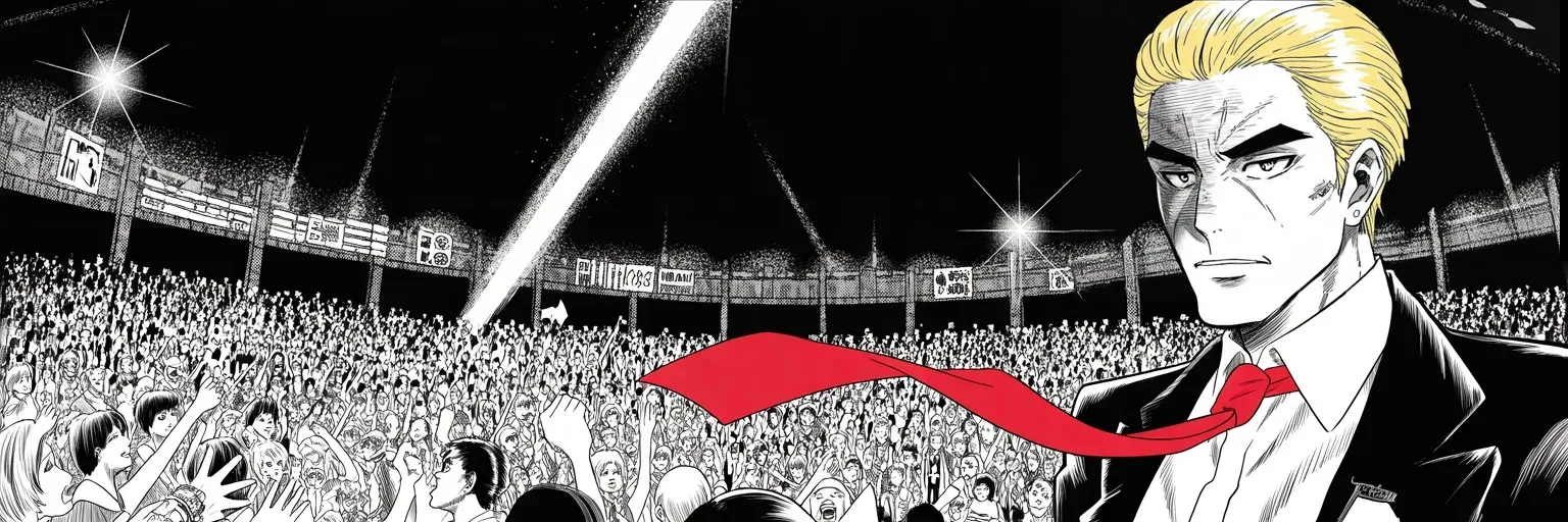 Manga panel 5 of 5, Week 359 “I'M BACK”: Three nights after the return he is back on a rally stage in Nebraska, and the crowd answers like no week of silence ever happened.