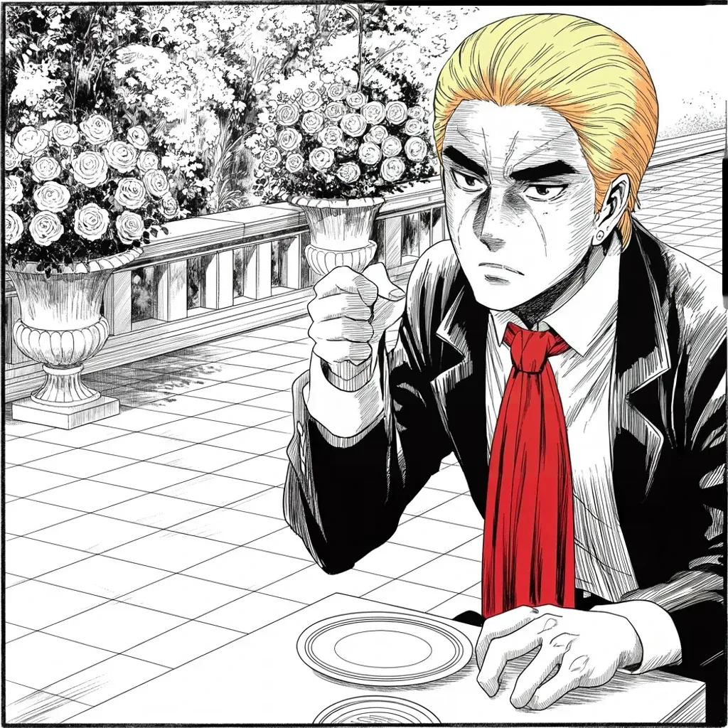 Manga panel 4 of 5, Week 360 “Twenty-Two and Zero”: On Mother's Day he sends his greetings to all — including, by title and in full, every judge and prosecutor campaigning to take him down.