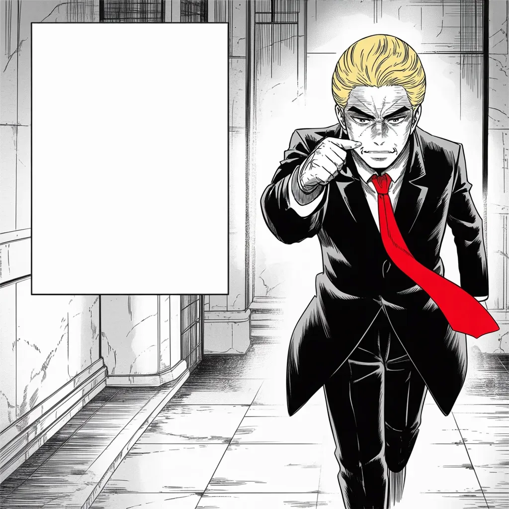 Manga panel 2 of 5, Week 361 “The Great MAGA King”: The loss is absorbed into the ledger before breakfast: fifty-eight and one, and the one came very close, and the wind was tremendous.