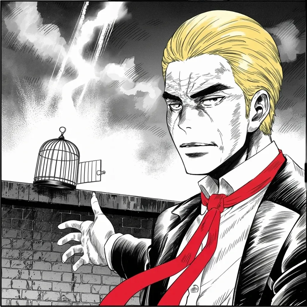Manga panel 4 of 5, Week 361 “The Great MAGA King”: The old kingdom is on the auction block and he wants no part of it: leave the bird behind, he roars, and come through his own gates.