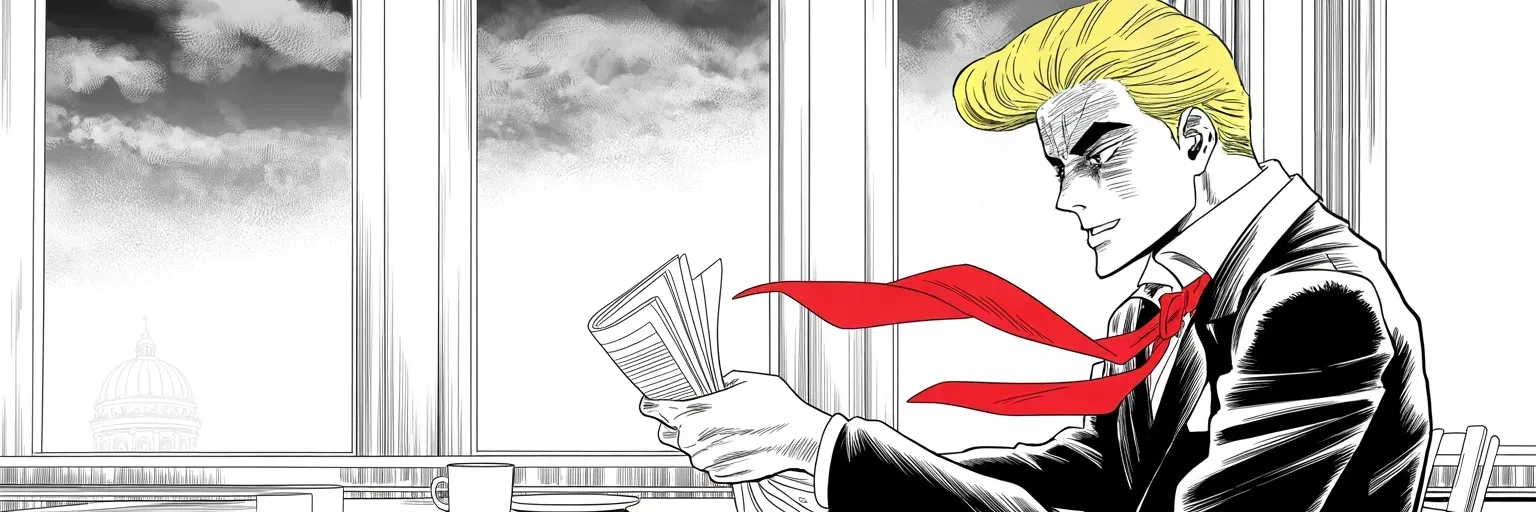 Manga panel 5 of 5, Week 361 “The Great MAGA King”: He counts the huntress's approval rating out loud and laughs at it — while under the far dome, a committee with her name on the roll builds a television stage.