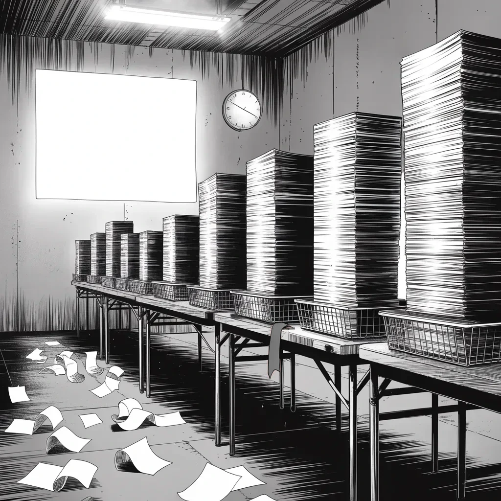 Manga panel 2 of 5, Week 362 “Stop Finding Votes”: Pennsylvania cannot finish counting his man's race. Day after day the stacks grow, and the word he reaches for is the oldest one: rigged.