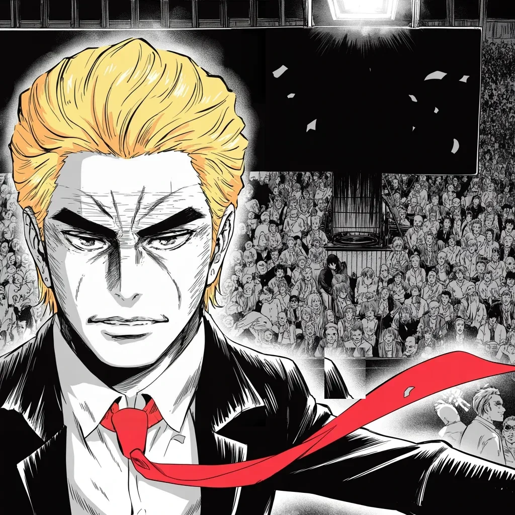 Manga panel 4 of 5, Week 363 “A Horrible Time”: Saturday night, deep in the huntress's home state: the biggest crowd, he announces, in its history. How cool is that.
