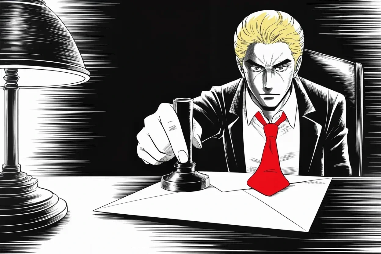 Manga panel 2 of 4, Week 364 “Enjoy Your Day”: Five words and no explanation: a letter goes out to the prize committee that garlanded the hoax coverage. The chronicle notes the deadpan.