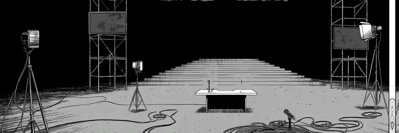 Manga panel 4 of 4, Week 364 “Enjoy Your Day”: While the workmen aim the lights at an empty witness chair, his feed keeps score of a different war: his network is hot, the old one is not. Three days to air.