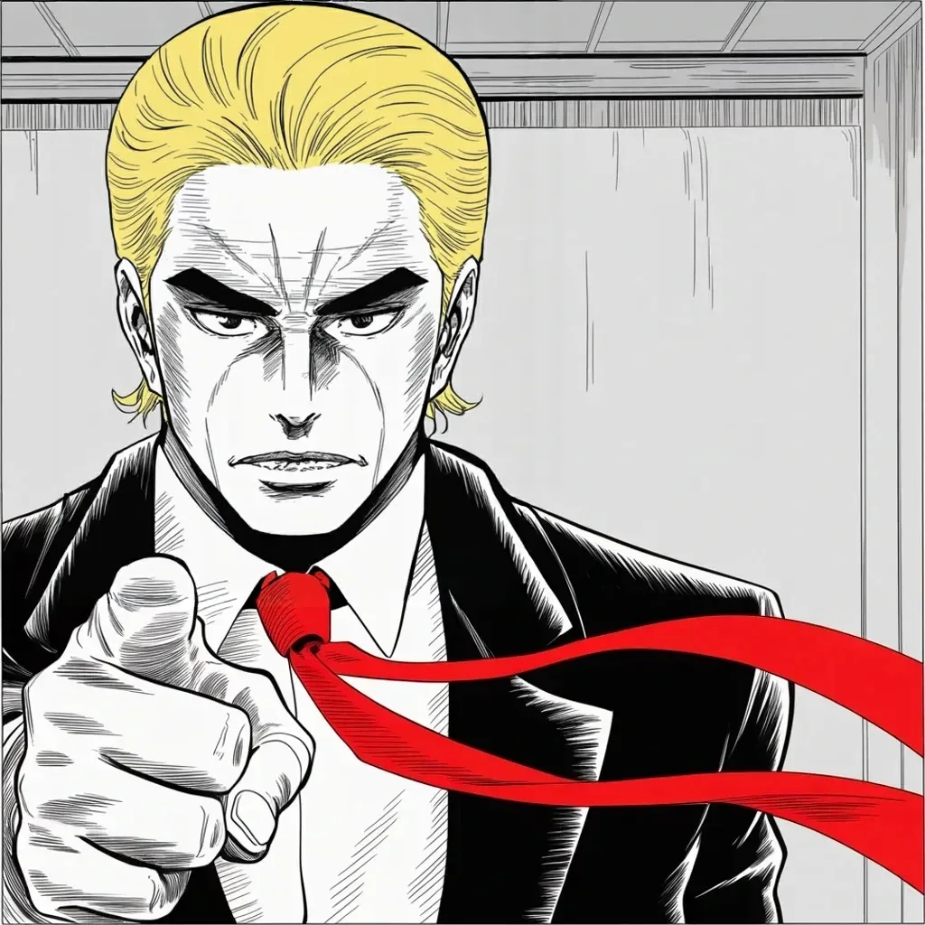 Manga panel 4 of 5, Week 365 “Twenty Million”: The morning after the tape plays, the denial arrives with a pointed finger: he never said it, never thought it — a made-up story, or fake news.