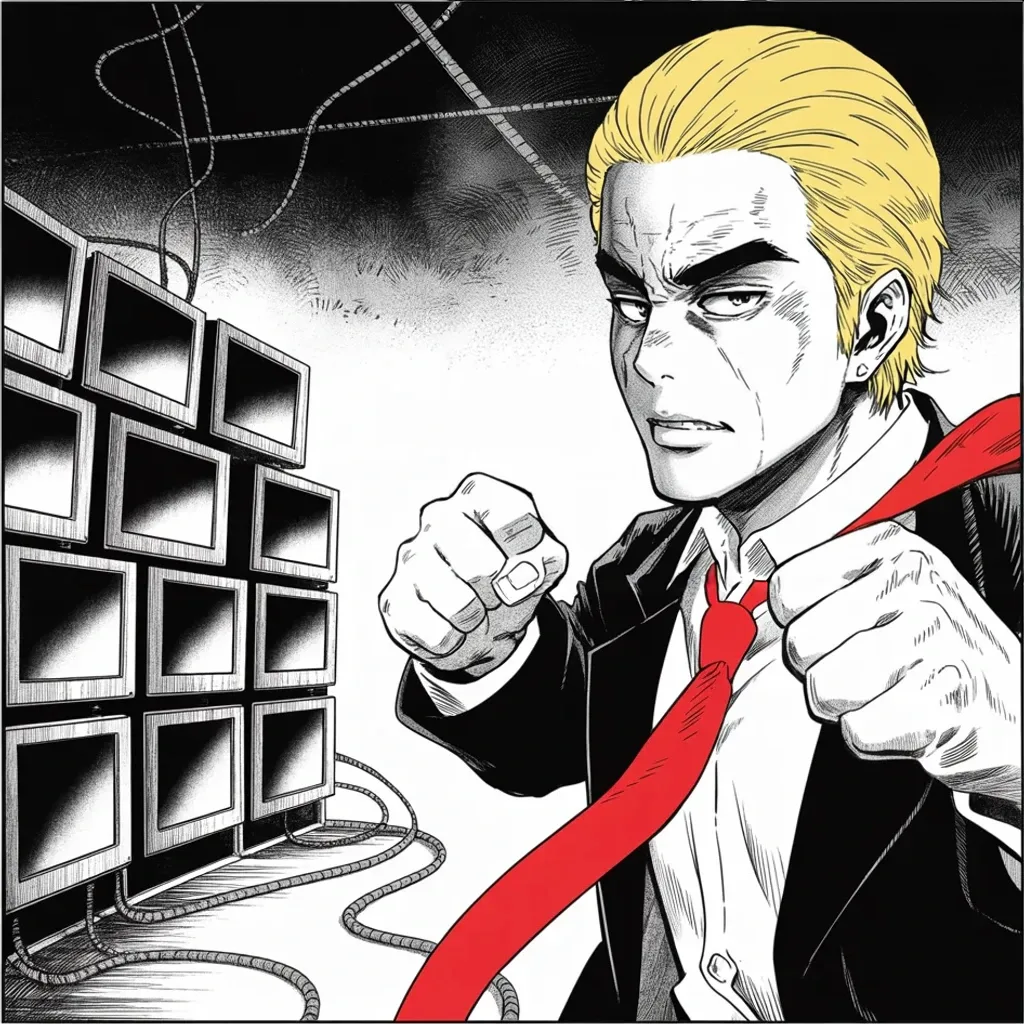 Manga panel 2 of 5, Week 366 “Equal Time”: Four words in capitals, hurled at the whole apparatus of television: if they will play the tape of his worst night, he demands the stage to answer it.