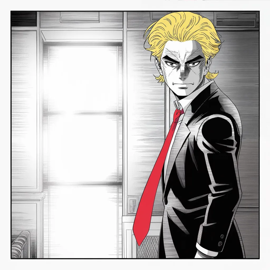 Manga panel 3 of 5, Week 367 “The Crown Jewel”: The twenty-fourth: the old ruling falls to the justices he seated. His one post that day carries no words at all — the loudest man in America, silent at the top of his hour.