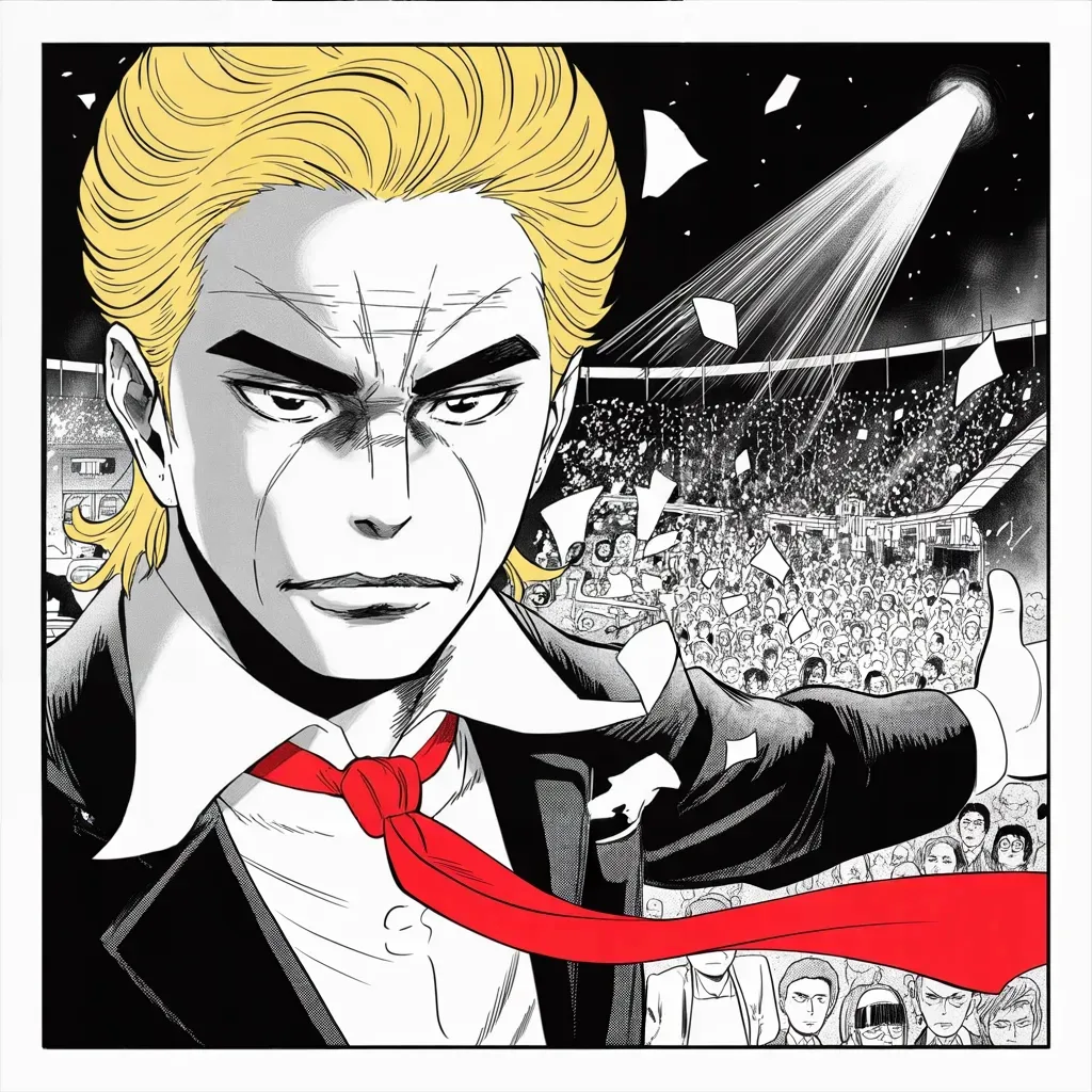 Manga panel 4 of 5, Week 367 “The Crown Jewel”: Saturday in Illinois the crowd chants its thanks for the ruling, and he stands in it with his arms open. The evening, he files afterward, was incredible.