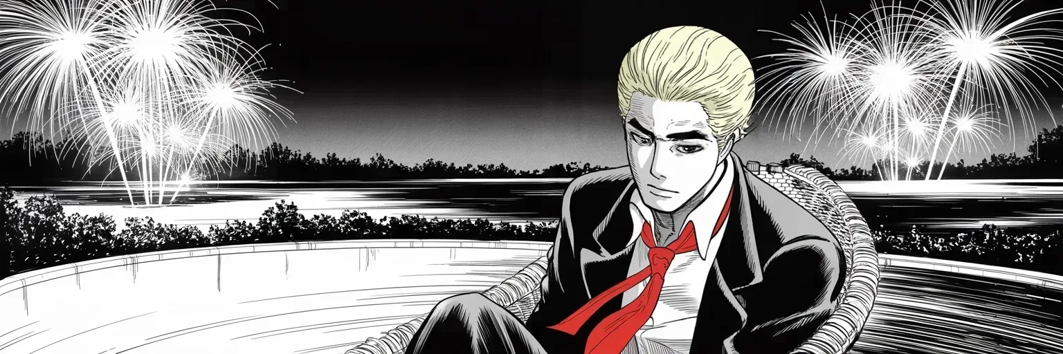 Manga panel 5 of 5, Week 368 “The Witness”: The Fourth of July over the golf fortress: war abroad, inflation at home, himself on trial — and that, he writes, is the good news. Happy birthday, America.