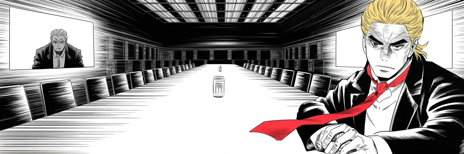 Manga panel 1 of 5, Week 369 “Bad News for the World”: Now the palace lawyer sits before the committee. From the end of the long empty table he wonders aloud why any future king would ever confide in counsel again.