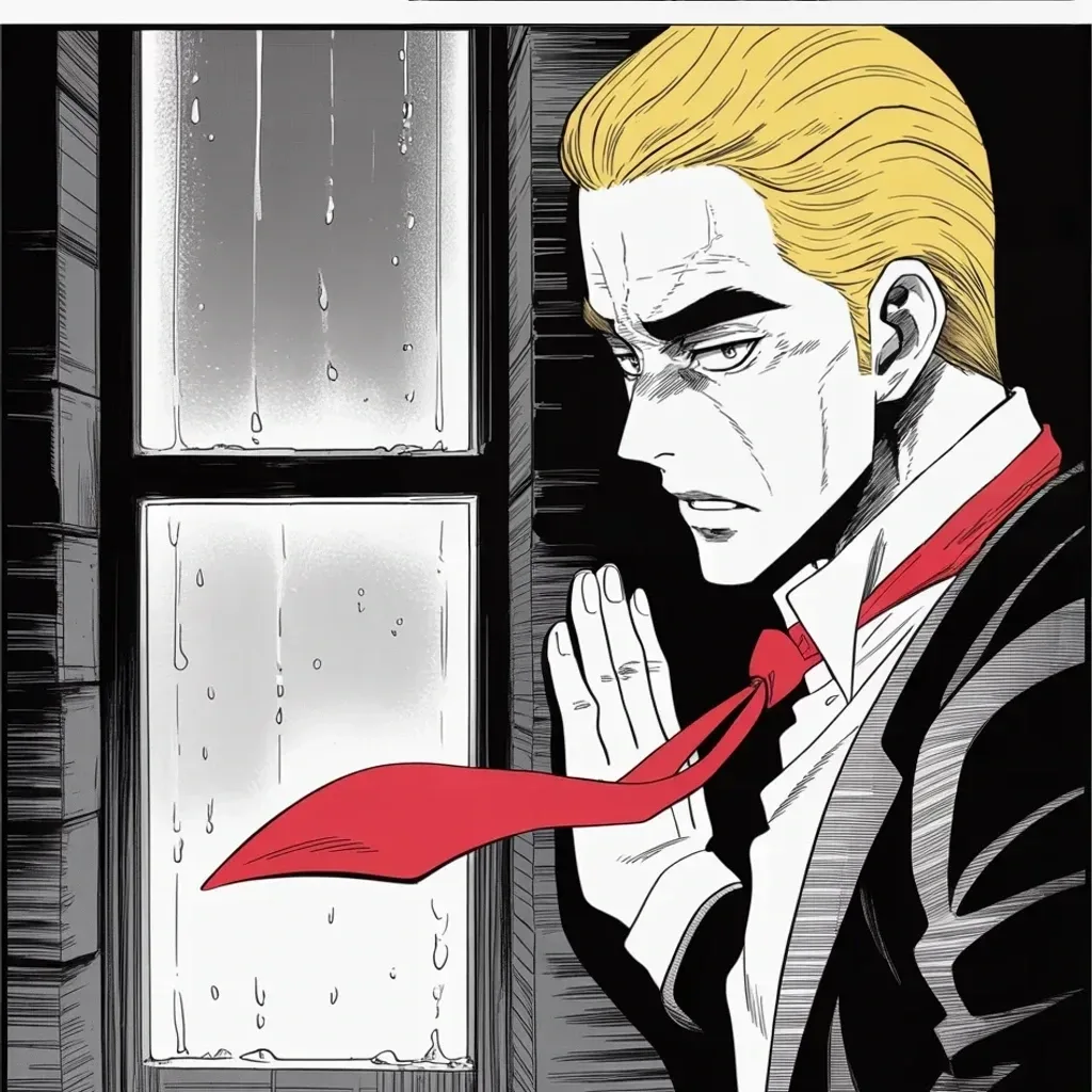 Manga panel 3 of 5, Week 369 “Bad News for the World”: Dawn brings word from the far east: the old ally across the ocean has been shot dead at a podium. For one morning the war stops meaning anything.