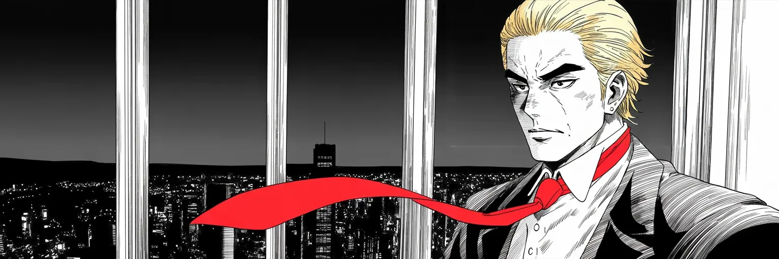 Manga panel 4 of 4, Week 370 “Out of Love and Respect”: The desert rally is pushed back out of love and respect. He stands at the tower glass above the city where she died, and for one week the war waits.