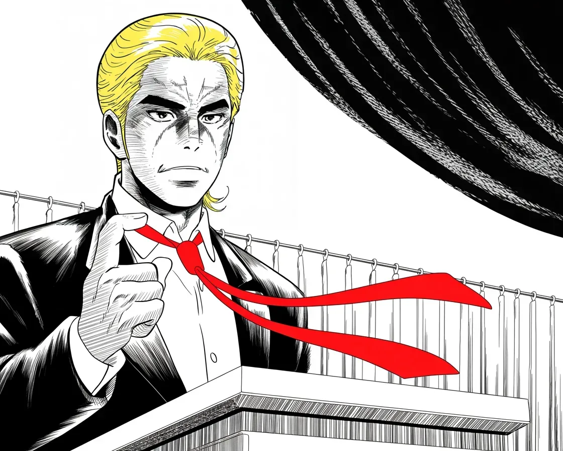 Manga panel 2 of 4, Week 372 “The Return”: In a capital ballroom he gives them the same sermon: prosecute the ones who stole it, not the ones telling the truth. The Justice Department, unmentioned in the room, is listening anyway.